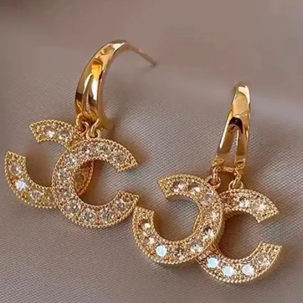 NEW CC Elegant Earrings Fashion Gold Tone with Rhinestones Letter Studs - Picture 2 of 5